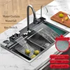 304 Stainless Steel Kitchen Sink Double Waterfall Single Slot Integrated Digital Display Faucet Set Soap dispenser Cup Washer 2