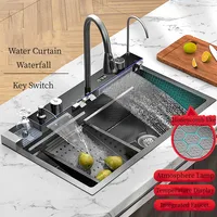 304 Stainless Steel Kitchen Sink Double Waterfall Single Slot Integrated Digital Display Faucet Set Soap dispenser Cup Washer 2