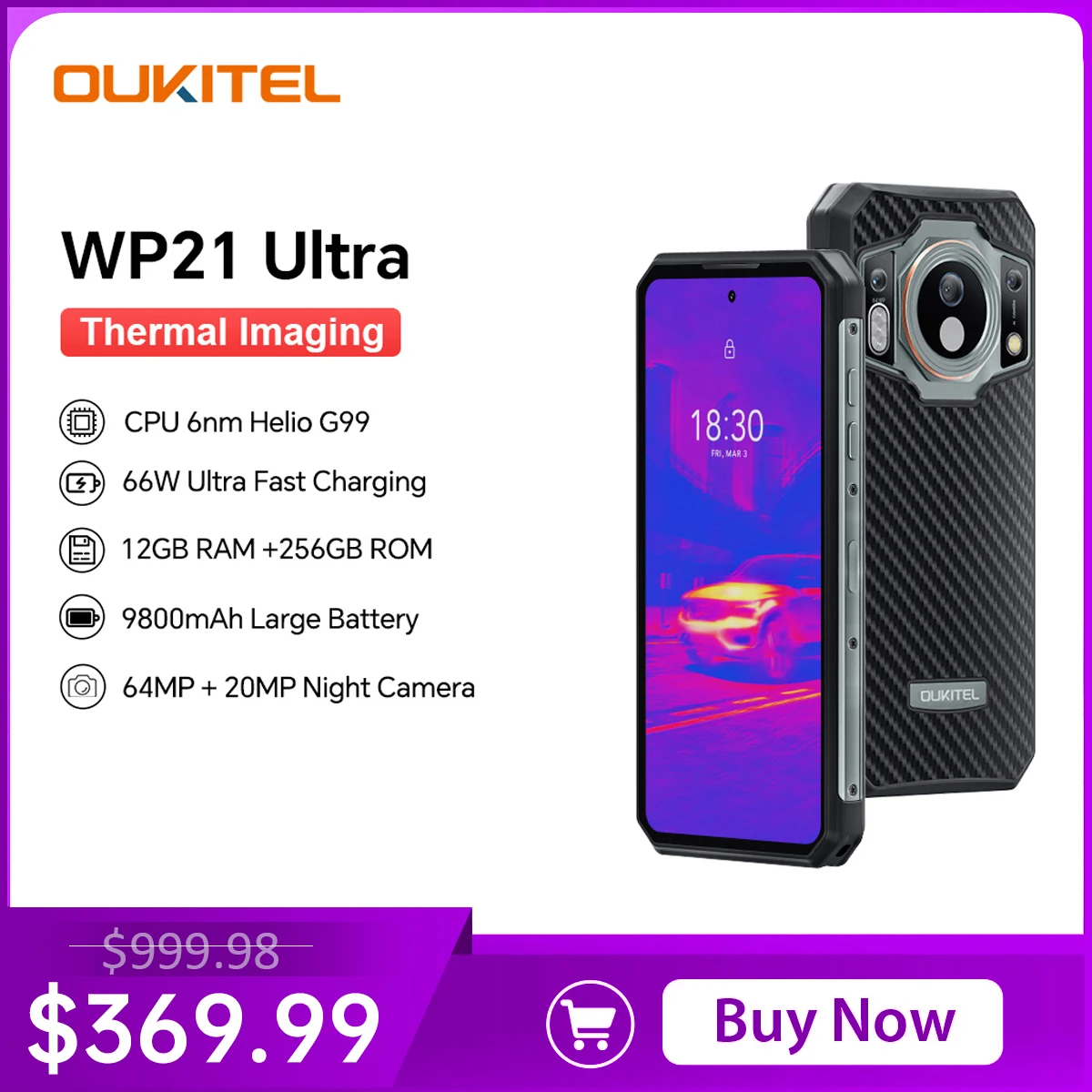 Oukitel Wp21 Telefono Cellulare Ultra Robusto 6.78 'Fhd + 9800Mah Telefono Cellulare 12Gb 256Gb Telefono Cellulare 64Mp Helio G99 120Hz 66W