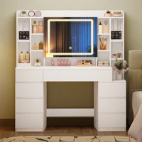 Туалетный столик с зеркалом, большое зеркало, туалетный столик с 8 ящиками и 11 открытыми отделениями, встроенная полка для ювелирных изделий. — изображение 2