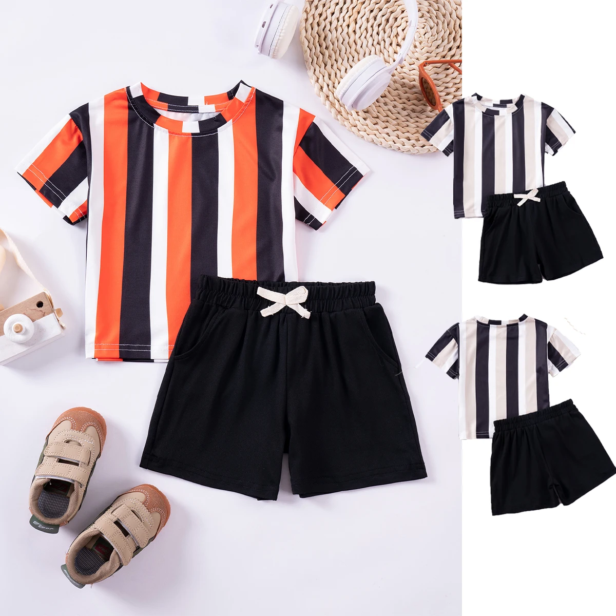 

Summer Short-sleeved Suit Boys Casual Children's Clothing Vertical Stripes Two-piece Round Neck Top + Shorts Soft and Smooth