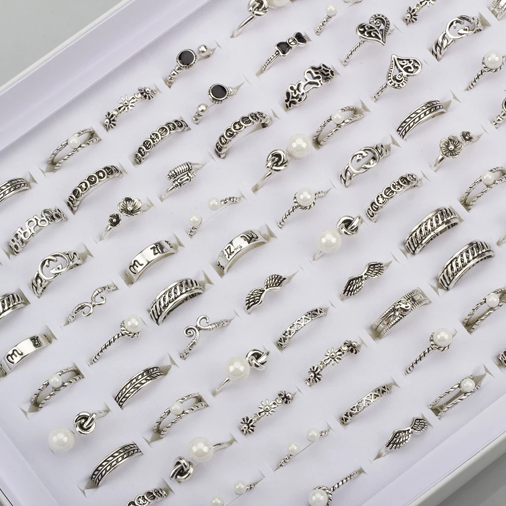50Pcs/Lot Bohemia Rings for Women Mixed Carved Leaf Crystal Pearl Stone Finger Ring Charm Jewelry Accessories Gift