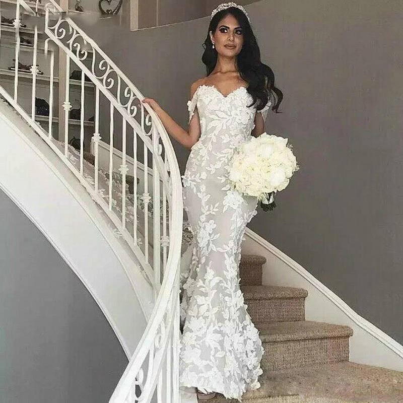 

Luxury Lace Floral Mermaid Wedding Dresses Off the Shoulder Chape Train Longo Bridal Dresses Dubai Women Vestido de noiva