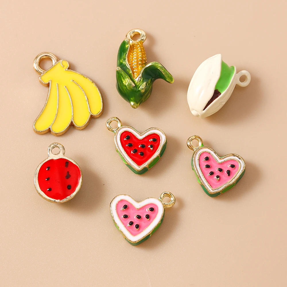 Leslie 5-teiliges Emaille-Fruchtanhänger-Set: Simulierte Wassermelone, Banane, Mais-Anhänger für Schmuckherstellung, Ohrringe, Halsketten-Zubehör