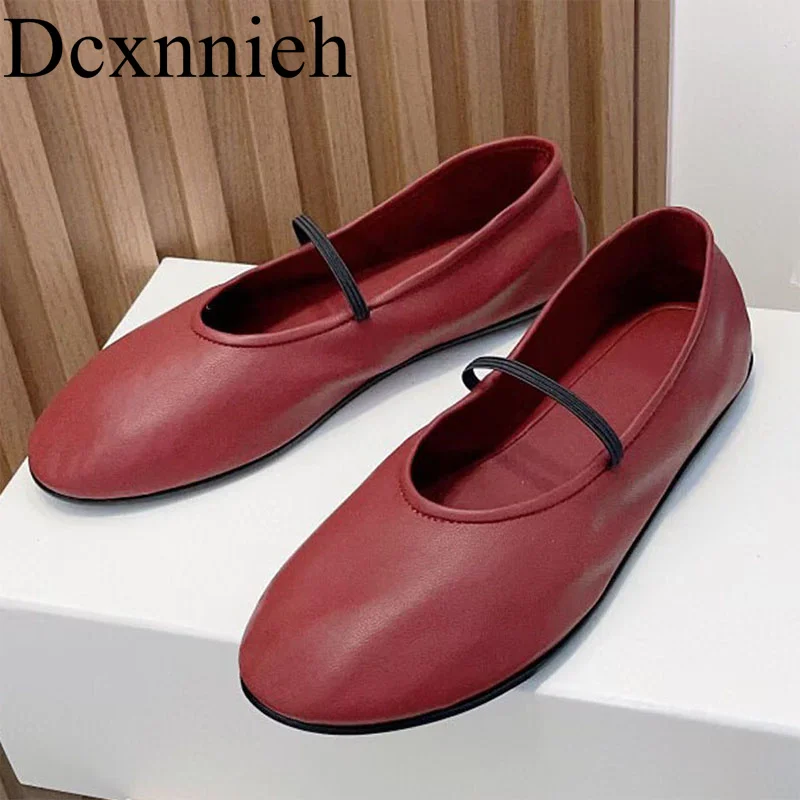 

New Comfort Casual Shoes Solid Color Lazy Walking Shoes Spring Genuine Leather Women's Round Closed Toe Flat Bottom Ballet Shoes