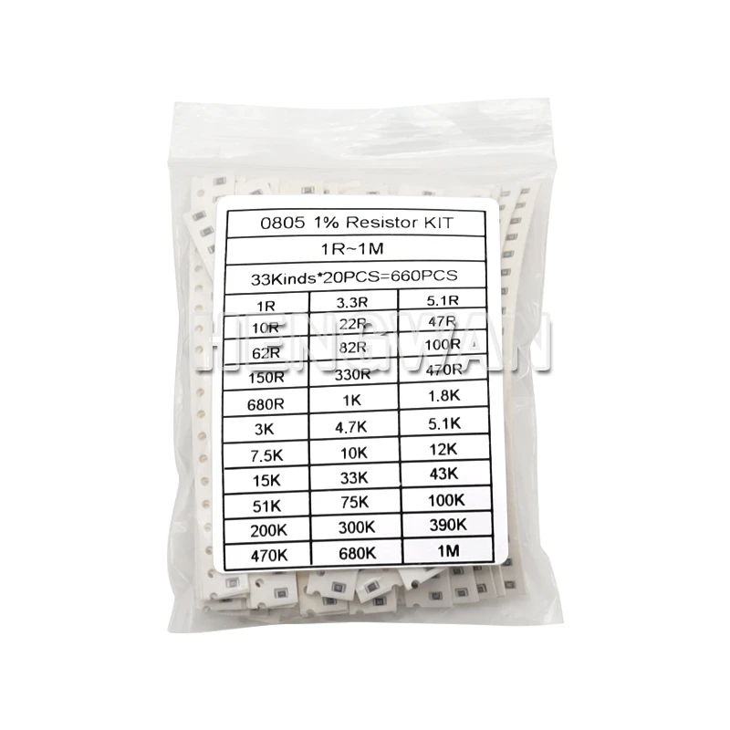 660pcs/Lot 0603 0805 1206 0402 0201 1% SMD Chip Resistor Assorted Kit 1R-1M Ohm 33valuesX20pcs Resistance Sample Set