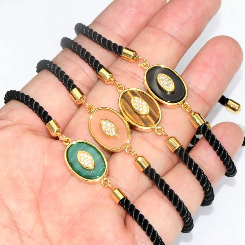 

Natural Stone Inside CZ Beads Paved Evil Eye Tree of Life Charms Length Adjustable Black Rope Chains Bracelet Woman Jewelry