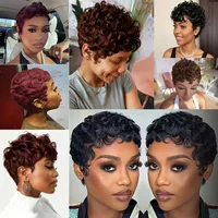 Perruque Lace Front Wig naturelle Remy, cheveux courts et bouclés, coupe Pixie, 13x4, pour femmes, chocolat 4 #   Perruques sans colle en couches ondulées avec Bang 6