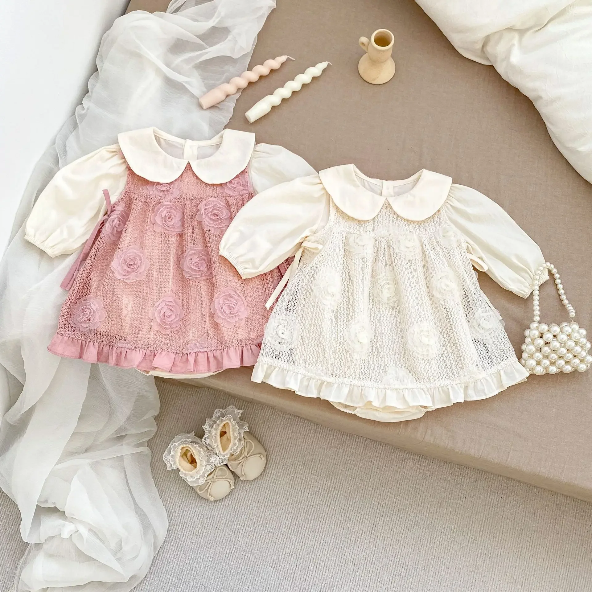 Autumn Sweet Baby Girl Detachable Flower Mesh Sleeveless Bodysuit Crawler Clothes round Neck Romper Cotton Baby Outfit