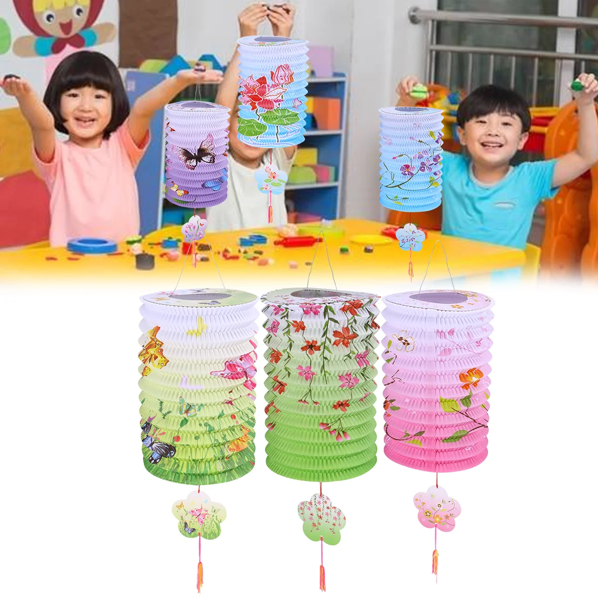 

Flower Printed Lantern Foldable Festival Paper Lanterns Hanging Lantern Decorations For Wedding Party Mixed Color