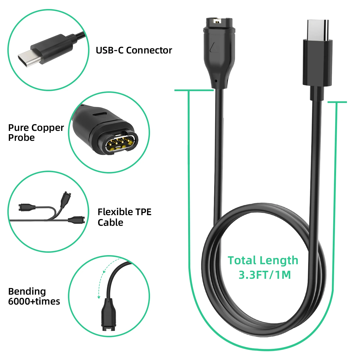 USB Replacement Charger Charging Cable for Garmin Vivosmart 5 Vivomove 3/3S Style Sport USB-C Smartwatch