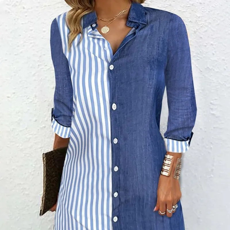 

Sense Of Design Arrivals Spring Women Clothing Striped Color Matching Long Sleeve Comfort Casual Buckle Mid-Length Shirt Dress