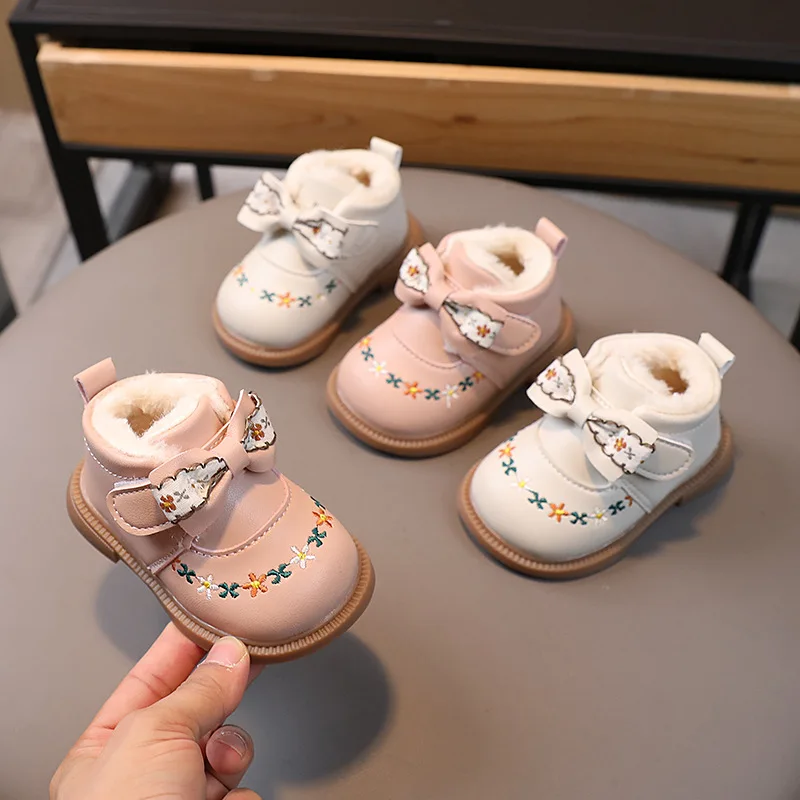 Baby Girl Boots Winter Infant Warm Fur Shoes Toddler Ankle Boots Cute Bow-knot Flowers Newborn Outdoor First Walkers