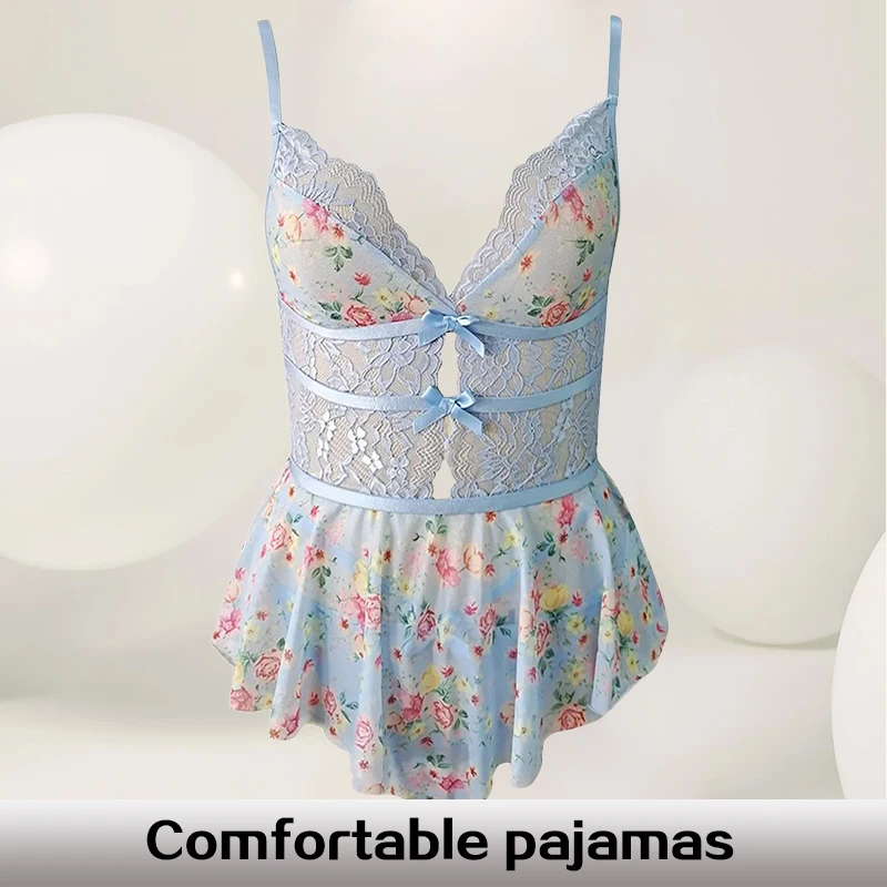Summer Women's Lace Hollow V-Neck Suspender with Backless Sexy Printed Suspender for Women Nightdress women lingerie women bodysuit sleep wear set