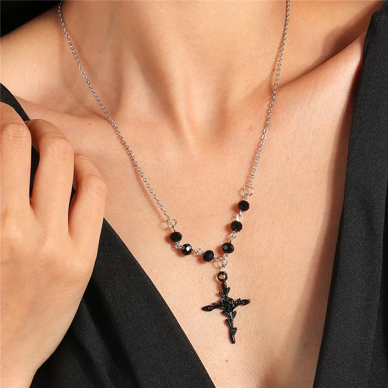 Gothic Pink Cross Halskette lila Zirkon Punk Anhänger Halskette Grunge Herz Kreuz Halskette für Frauen Schmuck Accessoires – Detail 24