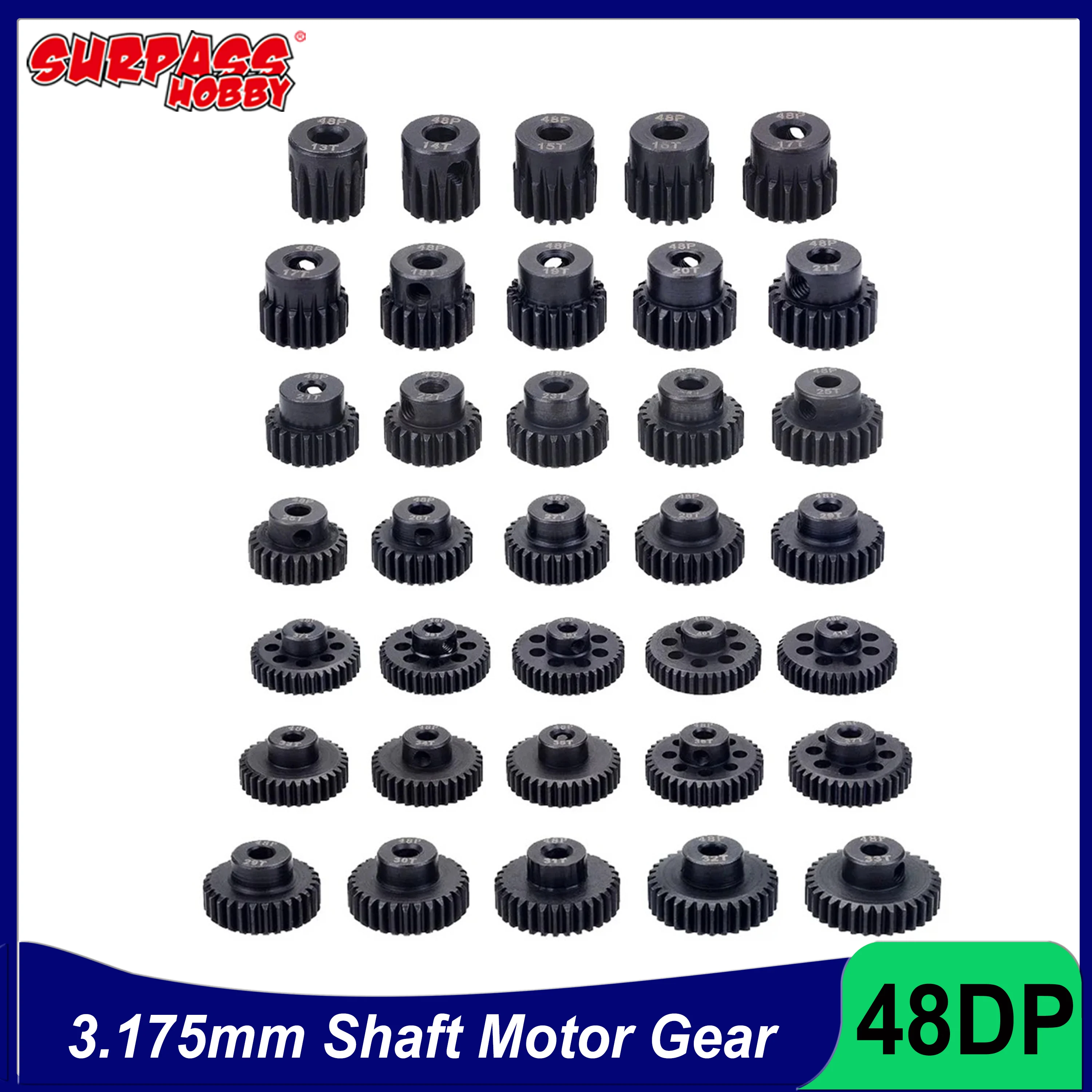 

Surpass Hobby 48DP Black Steel Metal Pinion Motor Gear 13T-41T 3.175mm Shaft for 1/10 RC Car Drift Crawler Accessories Trx4m