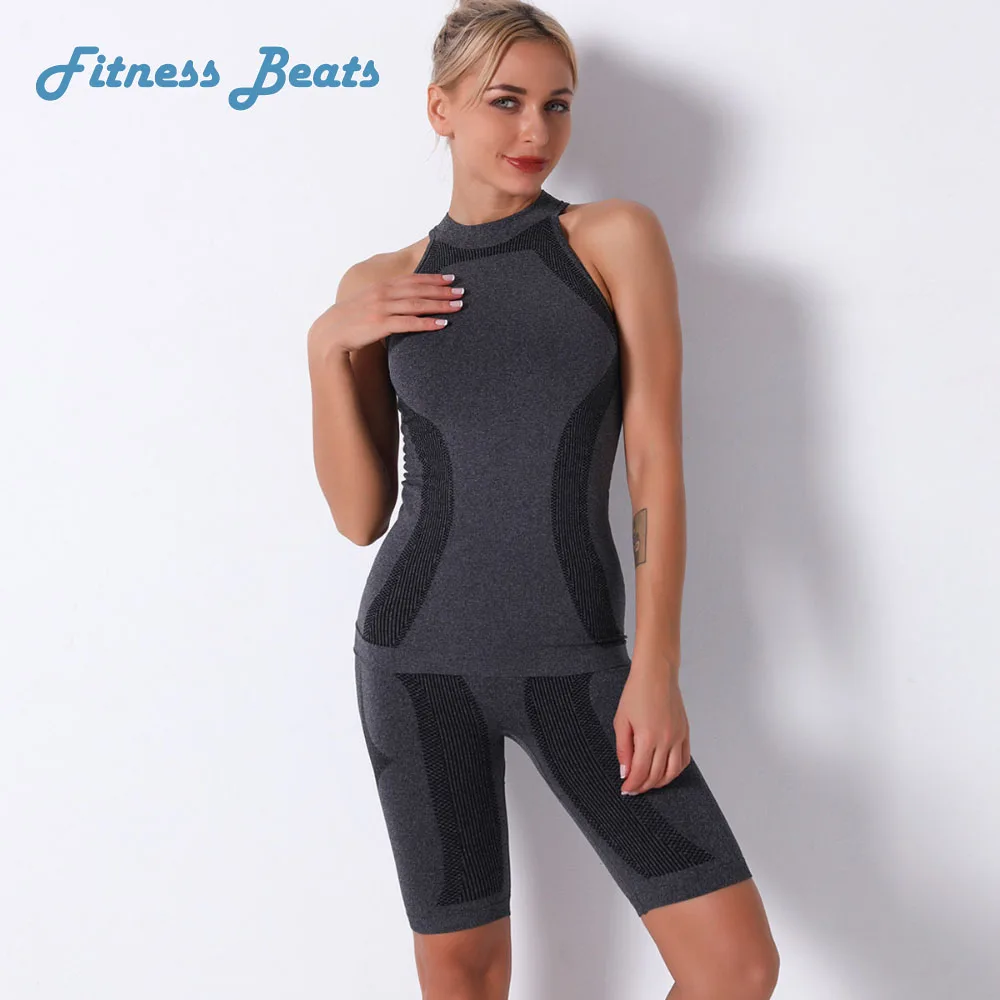 

Yoga Set Fitness Seamless Knitted Breathable Quick Dry Moisture Wicking Elasticity Shockproof Ladies Camisole &Shorts&Two-piece