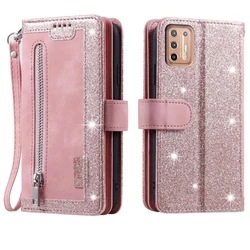 Elegant Zipper Wallet Case with Card Slots, Flip Folio, and Wrist Strap - Carnival Collection for Moto G9 Plus (Pink)