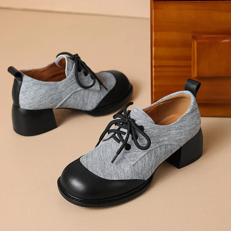 Genuine leather lace up single shoe round toe thick heel soft sole women's shoes versatile commuting casual shoes