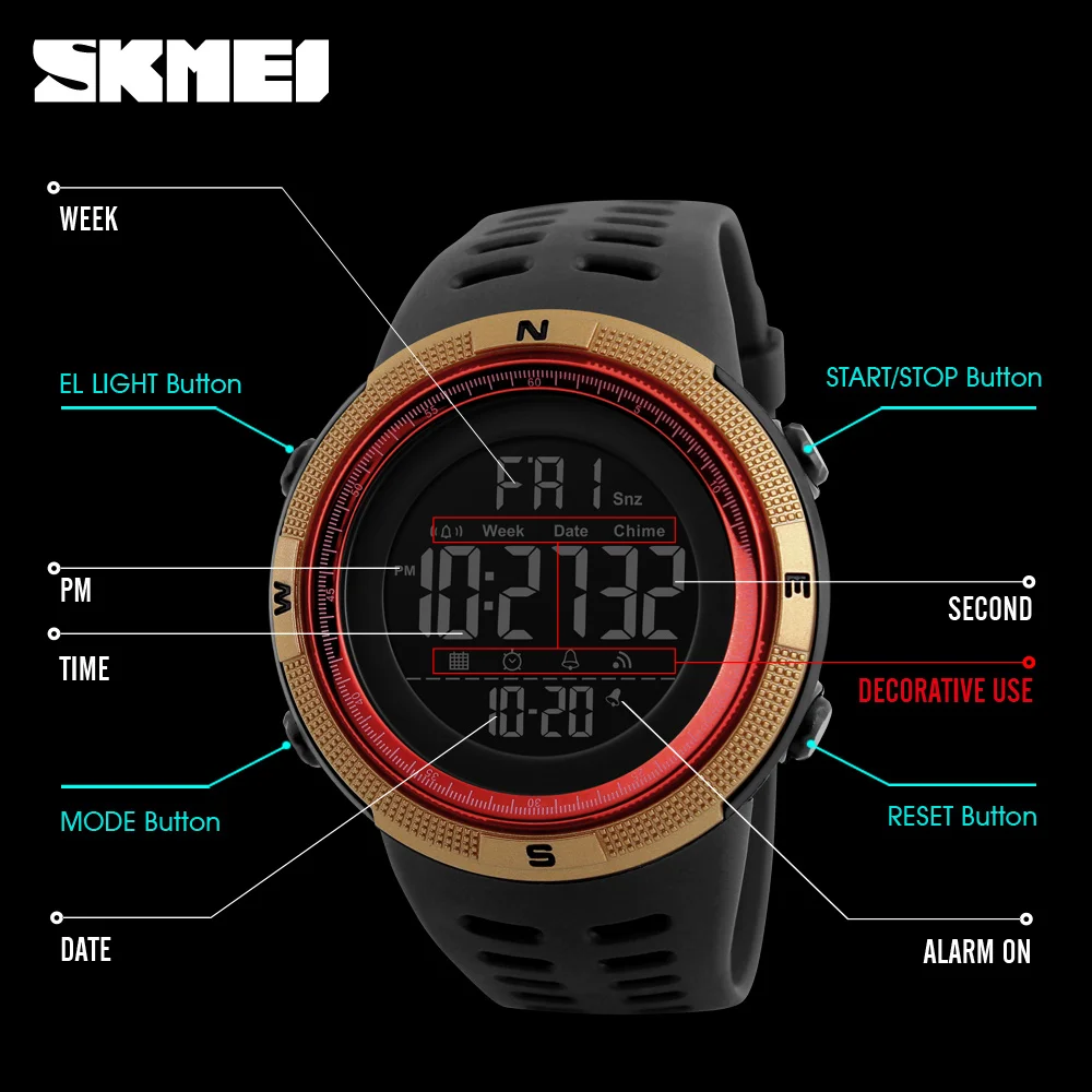 SKMEI 1251 Multifunction Watches Alarm Clock Chrono 5Bar Waterproof Digital Watch reloj hombre Outdoor Men Sport Watch 5