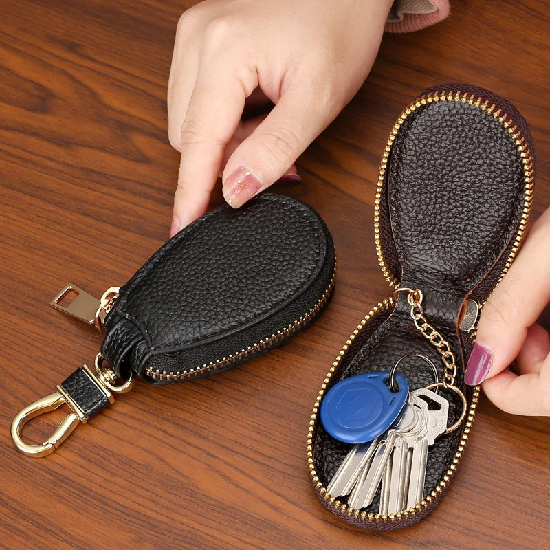 Premium Leather Keychain Mini Coin Purse and Card Holder with Dual Keyrings and Zipper Closure