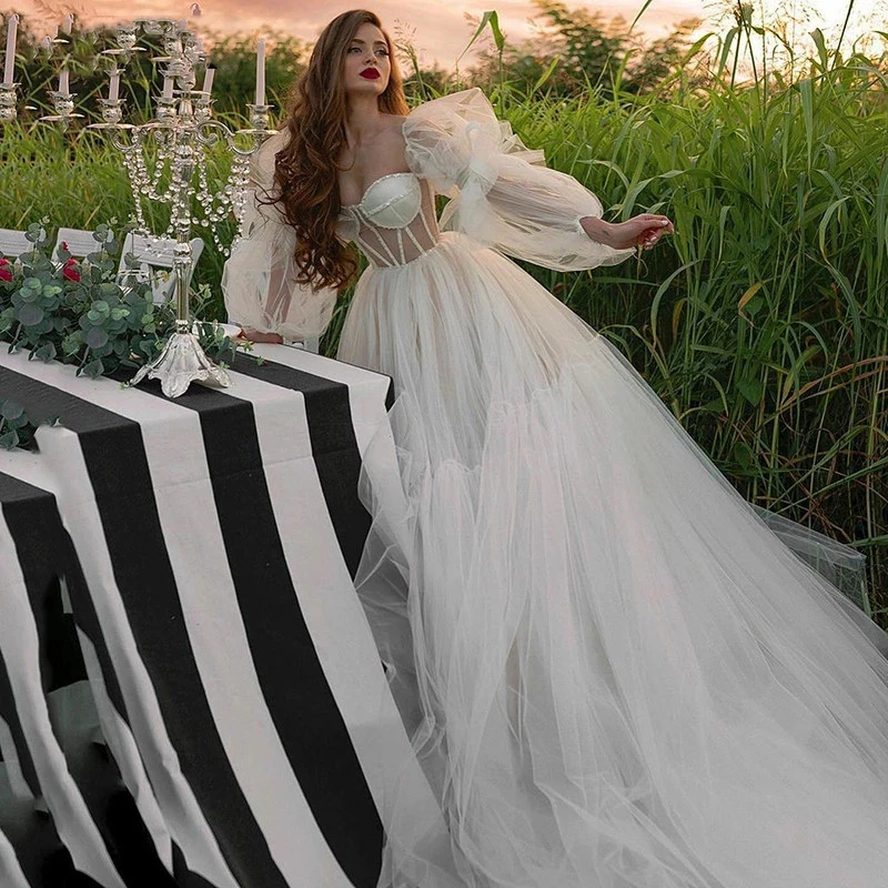 

Тюлевое свадебное платье принцессы трапециевидного силуэта с пышными рукавами корсет Свадебные платья Элегантные Длинные Простые Свадебные платья в сельском стиле