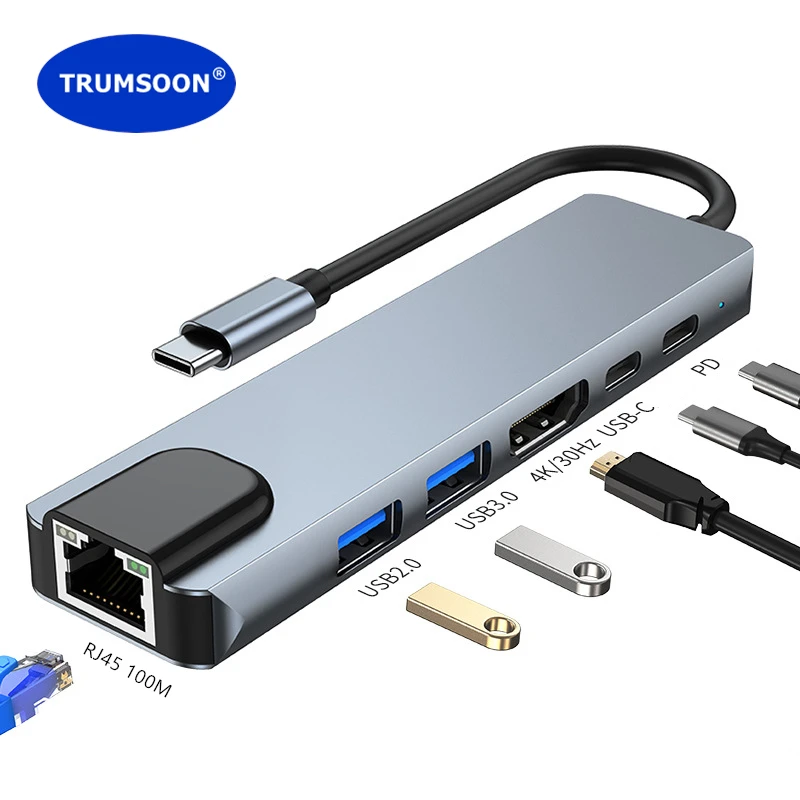 

Trumsoon USB C Hub to RJ45 Lan 4K HDMI-Compatible USB 3.0 2.0 Type C PD Dock Splitter for MacBook iPad Samsung S21 Dex Switch