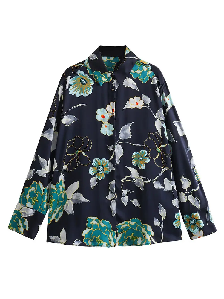 

TRAF Floral Printed Blouses Tops 2023 Fashion Women Chic Thin Single Breasted Shirts Vintage Causal Turn Down Collar Tops
