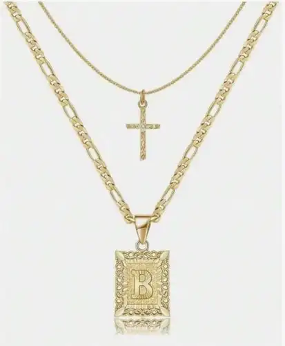 Letter Necklace Layered Initial Cross Necklace, Layering Square Letter Pendant Figaro Chain Cross Choker  for Women Girls
﻿ - Image 32