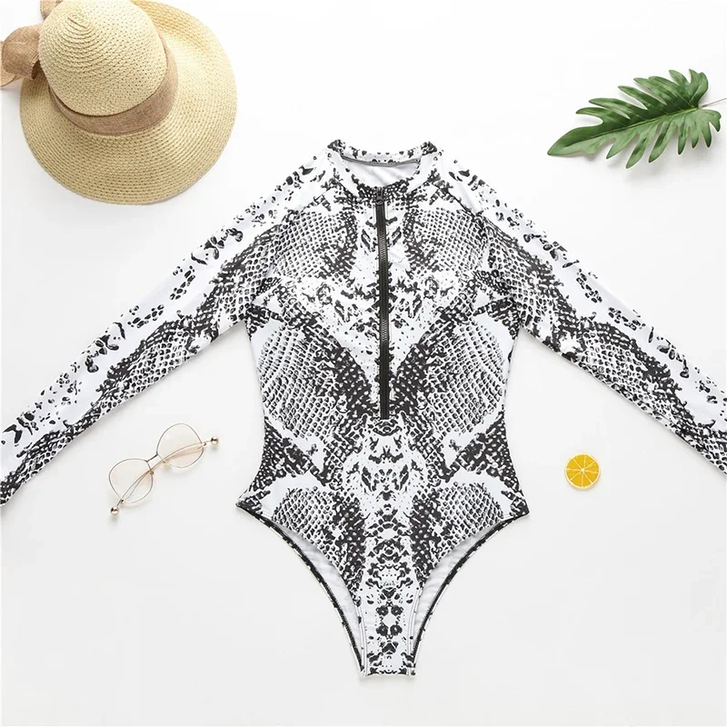 Leopard Print One Piece Swimsuit Snakeskin Print Sexy Swimsuit Long Sleeve Zip Cool Women Push Up Bathing Beachwear#BL3 Women Sport Swimsuits Women Swim Dresses