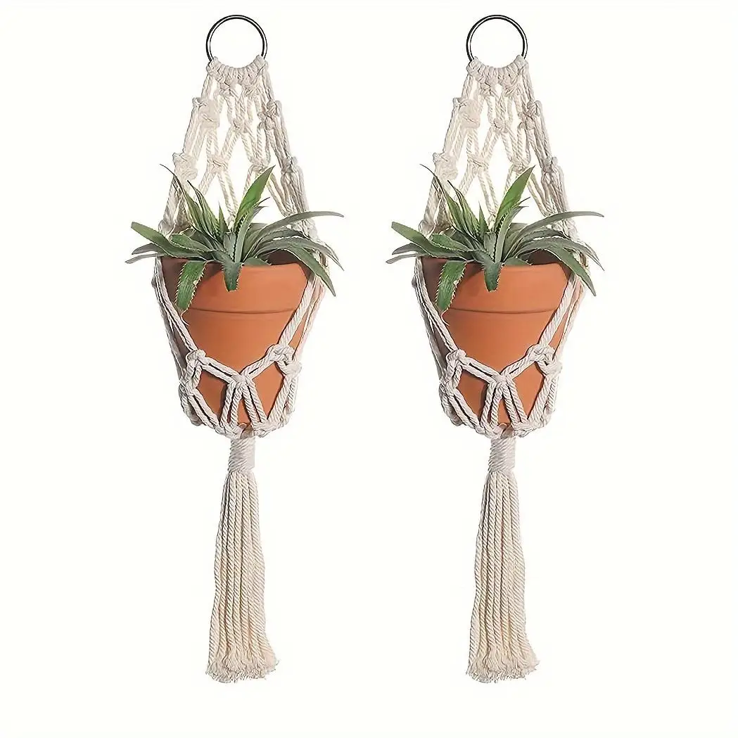 Boho Chic Handcrafted Macrame Plant Hangers - Set of 2 Rope Baskets for Indoor & Outdoor Decor, Geometric Wall Art