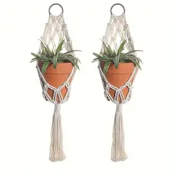 Boho Chic Handcrafted Macrame Plant Hangers - Set of 2 Rope Baskets for Indoor & Outdoor Decor, Geometric Wall Art (2pcs)