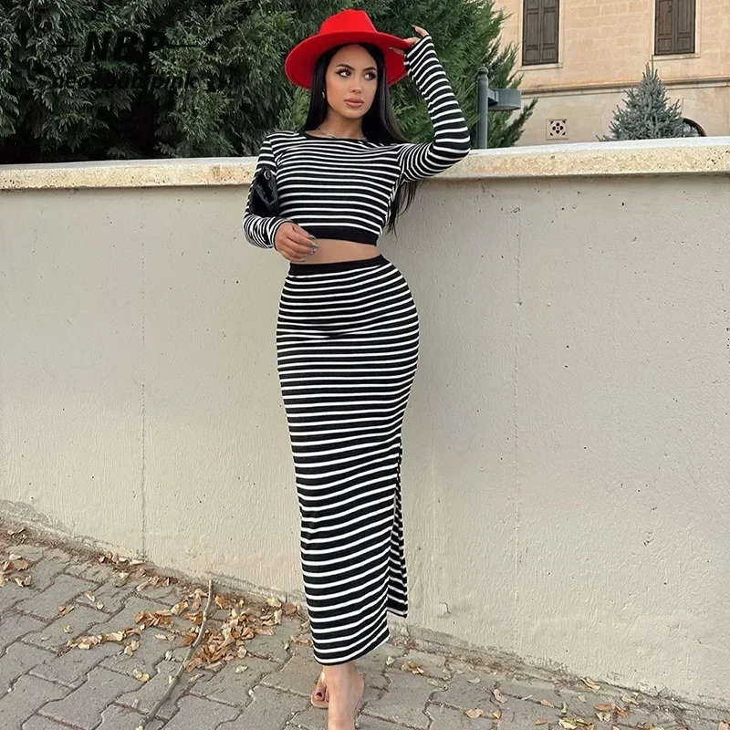 

NEONBABIPINK Striped Print Backless Dress Long Sleeve Two Piece Crop Top Skirt Sets Casual Winter Outfits for Women N85-DD41