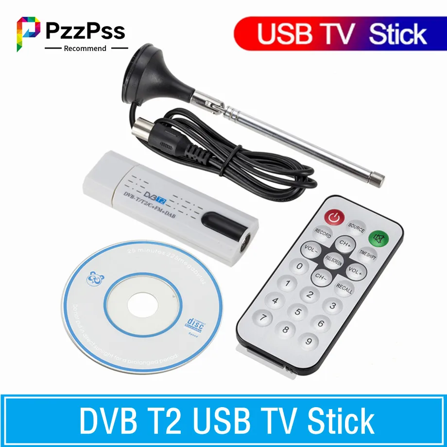PzzPss Digital satellite DVB T2 USB TV Stick Tuner With Antenna Remote