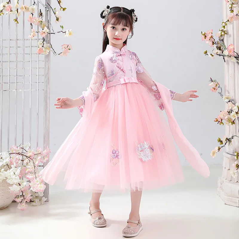 

Новинка, детское платье-Ципао в китайском стиле с вышивкой, сказочный пушистый костюм для девочек, вечерний костюм для выступления, принцессы ханьфу