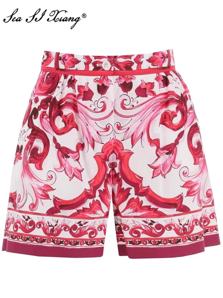

Seasixiang Fashion Designer Summer 100% Cotton Shorts Women Red Flowers Print Pockets High Street Shorts