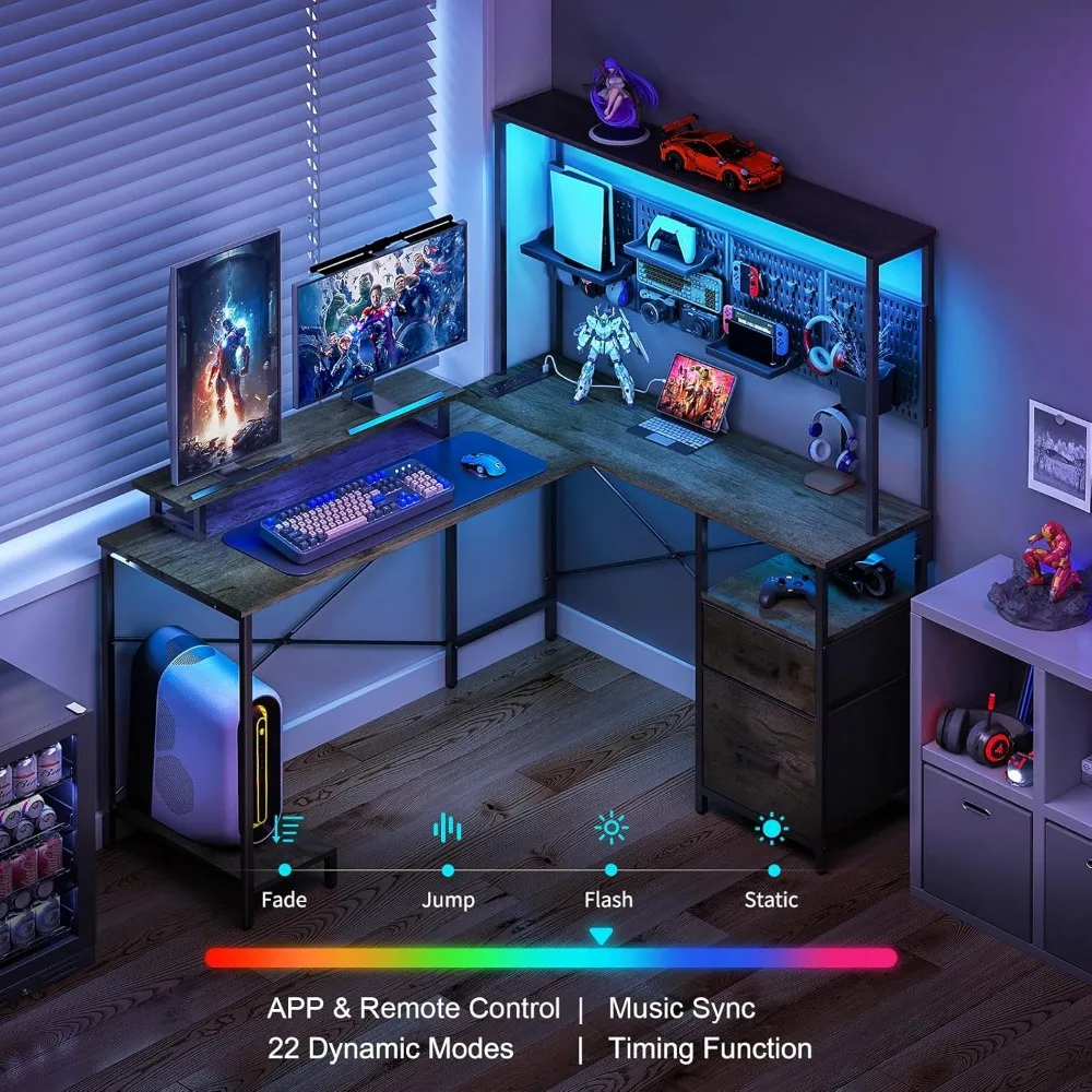 L Shaped Gaming Desk with Pegboard, Reversible Computer Desk with Drawers & Storage Shelves, LED Lights & Power Outlets, Office 3