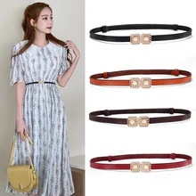 

Fashion Adjustment Simple Leather Thin Belt Women's Net Red Dress with and Pearl Waist Chain Classic