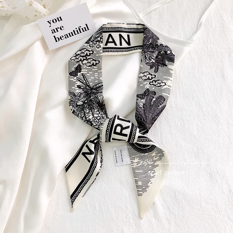 

Women Retro French Style Hairbands Printed Silk Scarf Luxury Long 100cm*6cm Ribbon Bag Scarf Hair Accessories Head Decoration
