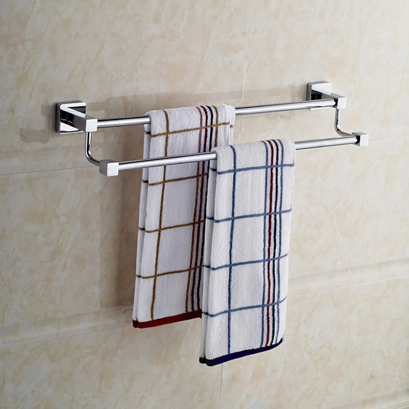 Chrome Plated Bathroom Double Towel Shelf Rack Holder Bath Towel Hanger Bar Square DesignTowel Rail Bathroom Accessories