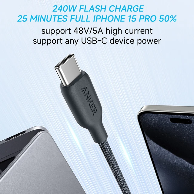 كابل Anker 240W USB-C إلى USB-C كابل بيانات مجدول من النايلون البيئي لهاتف iPhone 15 iPad Pro MacBooks Android