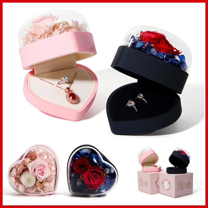 Heart Shaped Eternal Flower Ring Box Lovely Jewelry Box Organizer for Wedding/proposal Jewelry Packaging Valentine's Day Gift jewelry box eternal real flower preserved rose valentine s anniversary glass decorations crystal gifts box wedding ring box