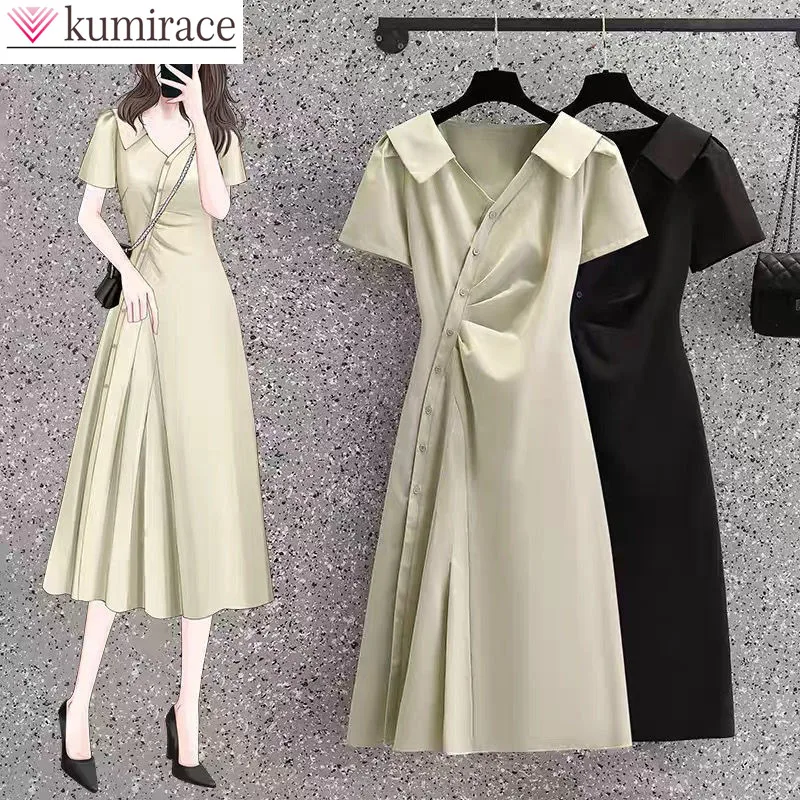 

2023 Summer New Single Breasted Pleated V-neck Dress Office Knee Length Dresses Sexy Slim Fit Robe