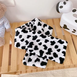 Soft Thicken Imitation Fur Collar Scarf Sweet Small Fresh Cute Cow Spots Print Black White Cow Spots Print Furry Cross Scarves