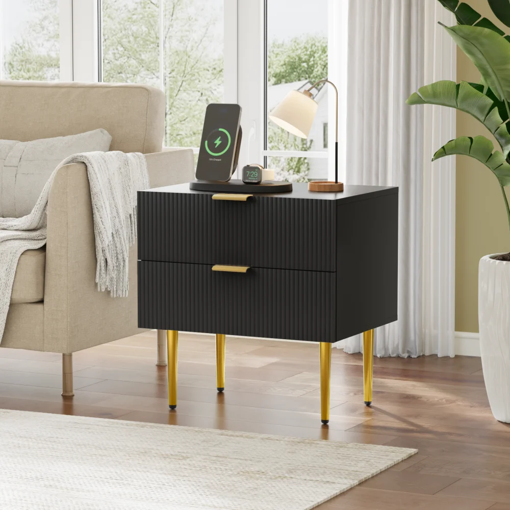 Eleganter Nachttisch mit schwarzem Wellenmuster und 2 Schubladen, Nachttisch mit Metallbeinen, 1-teiliger Schlafzimmer-Nachttisch – Detail 12