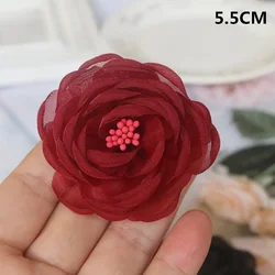 Elegant Red Chiffon Rose Camellia Flowers - Set of 10 for Weddings and Dress Embellishments (27)