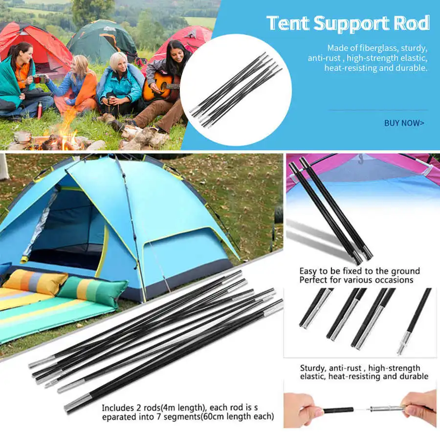 2pcs Camping Tent Pole 4.9/4.48/4/3.4/3. Fiberglass Tent Rods Lightweight Canopy Awning Supporting Rods