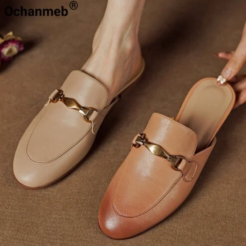 

Ochanmeb High Quality Sheep Leather Women Mule Shoes Metal Chain Designer Flats Slippers Summer Casual Ladies Slipper Slides New