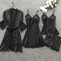 4 Pieces Women's Sexy Lace Pajamas Fashion V-Neck Gown Comfort Pajamas Pajamas Pajamas With Chest Pads Nightdress Casual Loungew - Image 2