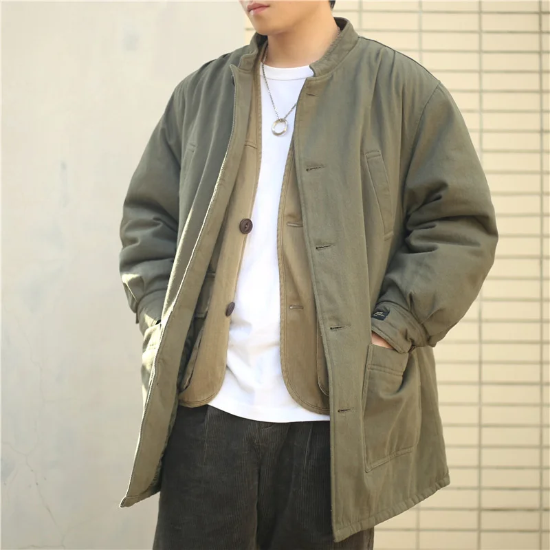 

US Stand Collar Medium And Long Cotton Coat Men's Thickened Loose AMEKAJI Overalls Outdoor Camping Hiking Tooling Parka Clothes